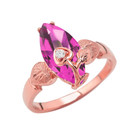 Personalized (LC) Birthstone Marquise Flower Heart Ring In 14K Rose Gold