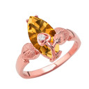 Personalized (LC) Birthstone Marquise Flower Heart Ring In 14K Rose Gold