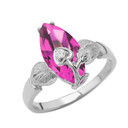 Personalized (LC) Birthstone Marquise Flower Heart Ring In 10K White Gold