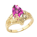 Filigree Floral Personalized (LC) Birthstone Marquise Ring In 14K Yellow Gold