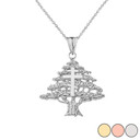 Lebanese Cedar Tree With Orthodox Cross Pendant Necklace In Gold (Yellow/Rose/White)