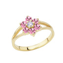 Yellow Gold Personalized Pink Birthstone Daisy Flower Ring Yellow Gold Personalized Pink Birthstone Daisy Flower Ring