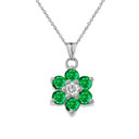 White Gold Custom Emerald Birthstone Flower Pendant Necklace