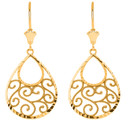 Gold Filigree Teardrop Spiral Leverback Earrings in 14K (Available in Yellow/Rose/White)