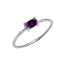 Dainty Solitaire Emerald Cut Amethyst and Diamond Rope Design Engagement/Promise Ring in Gold (Yellow/Rose/White)