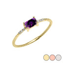 Dainty Solitaire Emerald Cut Amethyst and Diamond Rope Design Engagement/Promise Ring in Gold (Yellow/Rose/White)