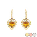 Genuine Gemstone Filigree Heart-Shaped Dangle Earrings in Gold (Yellow/Rose/White)