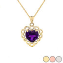 Genuine Amethyst Filigree Heart-Shaped Pendant Necklace in Gold (Yellow/Rose/White)