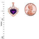 Genuine Amethyst Filigree Heart-Shaped Pendant Necklace in Gold (Yellow/Rose/White)