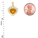 Genuine Citrine Filigree Heart-Shaped Pendant Necklace in Gold (Yellow/Rose/White)