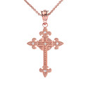 Rose Gold Diamond Fleur-de-lis Fleury Cross Pendant Necklace