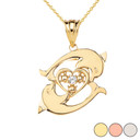Circling Dolphin Heart Pendant Necklace in Gold (Yellow/Rose/White)