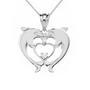 Heart Shaped CZ Double Dolphin Pendant Necklace in Sterling Silver