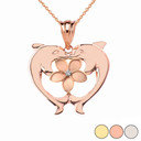 Double Dolphin Plumeria Diamond Pendant Necklace in Gold (Yellow/Rose/White)