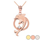 Gold Hoop Jumping Dolphin CZ Pendant Necklace  (Yellow/Rose/White)