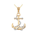 Two-Tone Gold Diamond Nautical Rope Anchor Pendant Necklace