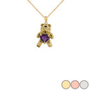 Teddy Bear Amethyst Heart Charm Pendant Necklace in Gold (Yellow/Rose/White)