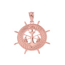 Ship's Wheel with Anchor Pendant Necklace in Gold (Yellow/Rose/White)