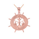 Ship's Wheel with Anchor Pendant Necklace in Gold (Yellow/Rose/White)