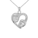 Diamond Studded Mother and Child Heart Charm Pendant Necklace in Sterling Silver