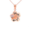Diamond Caribbean Hibiscus Dainty Pendant Necklace In Gold (Yellow/Rose/White)
