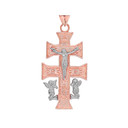 Two Tone CARAVACA DOUBLE CROSS WITH ANGELS CRUCIFIX PENDANT in Gold (Yellow/Rose/White)