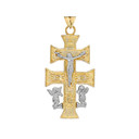 Two Tone CARAVACA DOUBLE CROSS WITH ANGELS CRUCIFIX PENDANT in Gold (Yellow/Rose/White)