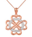 Diamond Heart-shaped Clover Pendant Necklace in Solid Gold (Yellow/Rose/White)