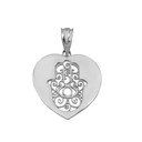 Cut Out Filigree Hamsa Facing Up In Heart Pendant Necklace in Sterling Silver