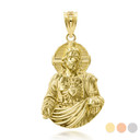 3D 10k/14k Solid Gold Jesus Christ Sacred Heart Big Pendant Necklace (Yellow/Rose/White)