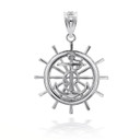 Sterling Silver Ship Wheel Helm Anchor Roped 3D Charm Necklace