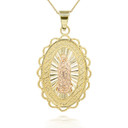 Two Tone Gold Our Lady of Guadalupe Oval Medallion Pendant Necklace