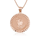 Gold Cuban Framed Praying Hands Medallion Circle Pendant Necklace (Available in Yellow/Rose/White Gold)