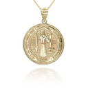 Gold Personalized Saint Benito Prayer Coin Medallion Reversible Pendant Necklace 