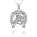 Silver Large Horseshoe With Horse Face Pendant Necklace