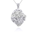 White Gold Diamond Cut Lion Head Pendant Necklace