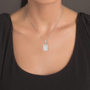 White Gold Firefighter Logo "First In Last Out" Pendant Necklace on Female Model