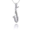 White Gold 3D Saxophone Musical Instrument Pendant Necklace