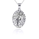 Silver Sparkle Cut Filigree CZ Rose Pendant Necklace