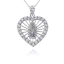 White Gold Our Lady of Guadalupe CZ Heart Openwork Pendant necklace