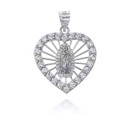 White Gold Our Lady of Guadalupe CZ Heart Openwork Pendant