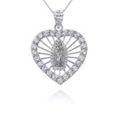 White Gold Our Lady of Guadalupe CZ Heart Openwork Pendant Necklace