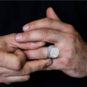 .925 Sterling Silver Religious Saint Michael Archangel Cross Beaded Signet Ring on a Model
