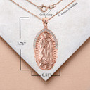 Rose Gold CZ Lady of Guadalupe Large Pendant Necklace with Measurement