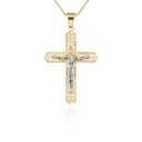 Yellow Gold Two Tone Filigree Crucifix Pendant Necklace