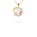 Yellow Gold Two-Tone Mom Birds Heart Pendant Necklace