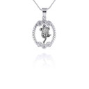 White Gold Flower with CZ Wreath Pendant Necklace