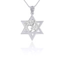 White Gold Jewish Star of David Lion of Judah Pendant Necklace