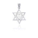 White Gold Jewish Star of David Heart Pendant