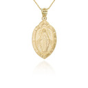 Yellow Gold Religious Saint Mary Patroness of Humanity Shield Medallion Pendant Necklace